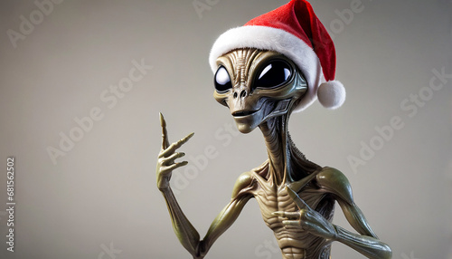 Skinny alien wearing a Santa Claus hat making the V sign with his fingers, Generative Ai
 photo