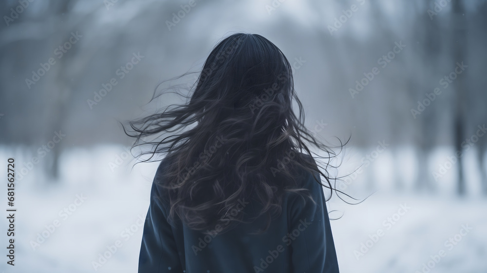 Mysterious Woman Winter Forest Solitude Concept Mysterious Woman Winter Forest Solitude Concept