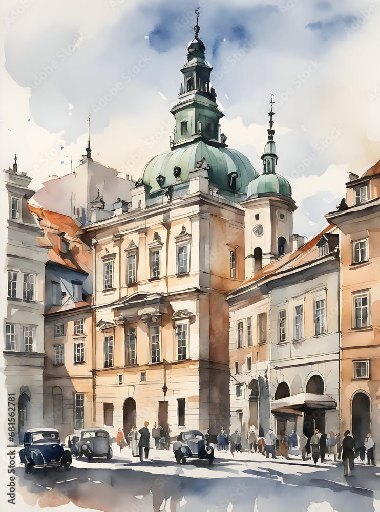 Watercolor art of Warsaw Poland