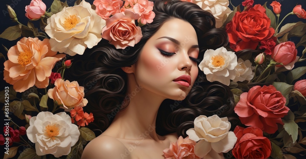 Naklejka premium Floral Rhapsody A Woman Poses with Grace, Blending Her Essence with the Delicate Embrace of Blossoms