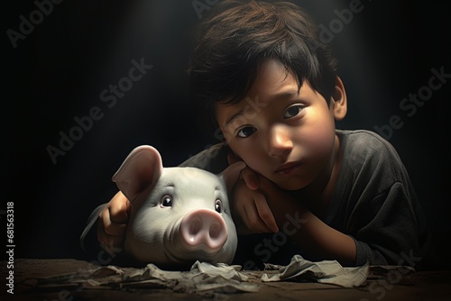 A child looking at a broken piggy bank through tear-filled eyes  portraying the innocence lost in the face of economic hardship.