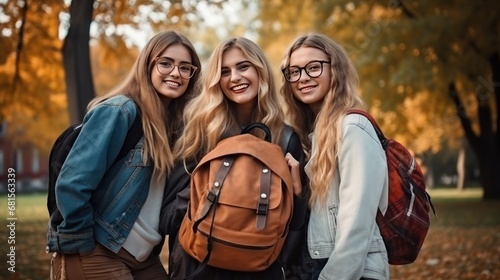 Young women with backpacks walking in the autumn park