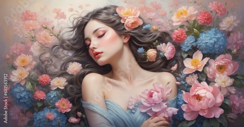 Petals of Grace A Woman's Serene Pose, Merging Her Essence with the Tender Embrace of Nature's Flowers