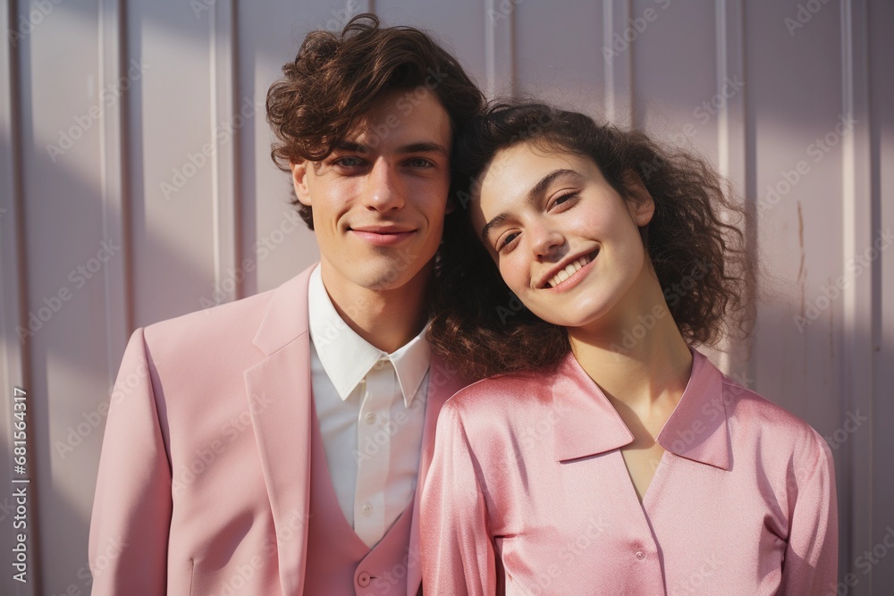 Smiling young couple, man and woman wearing pink old fashioned clothes Smiling young couple, man and woman wearing pink old fashioned clothes