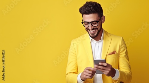 Cheerful young man in yellow suit and eyeglasses using smartphone