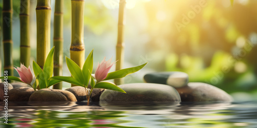 Zen stones, bamboo, flower and water in a peaceful zen garden, relaxation time, wellness and harmony, massage, spa and bodycare concept photo