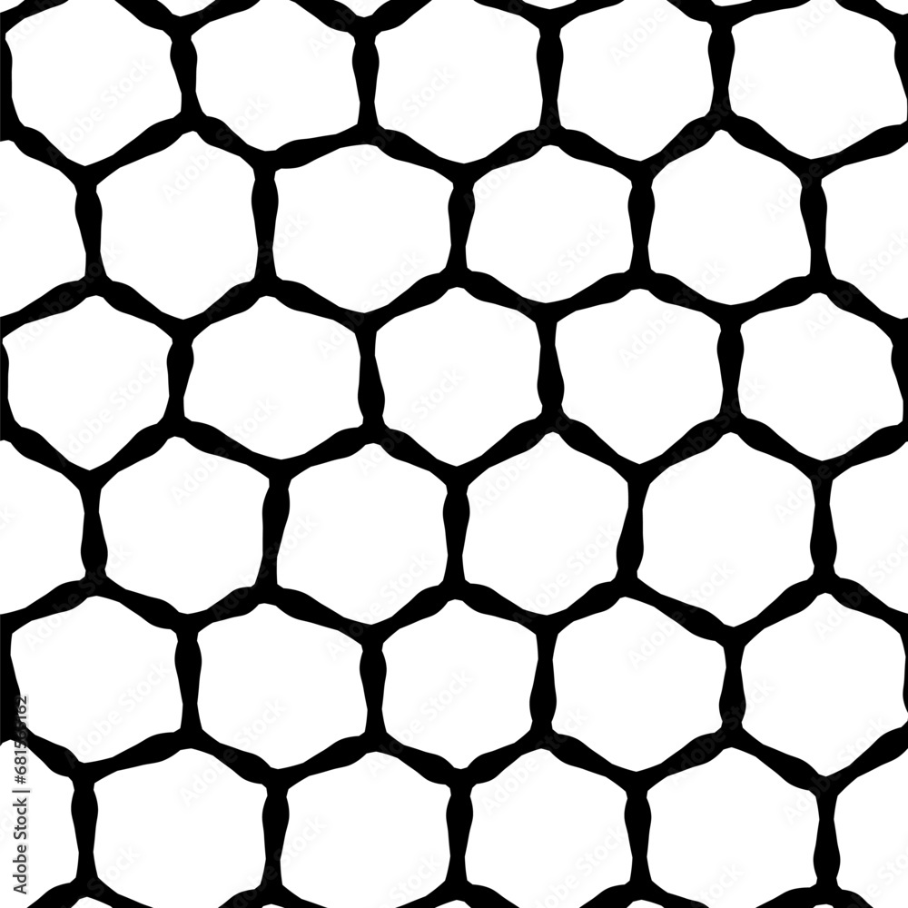 A bold black and white seamless abstract pattern featuring a honeycomb motif in a mesh-like design on white background A bold black and white seamless abstract pattern featuring a honeycomb motif in a mesh-like design on white background