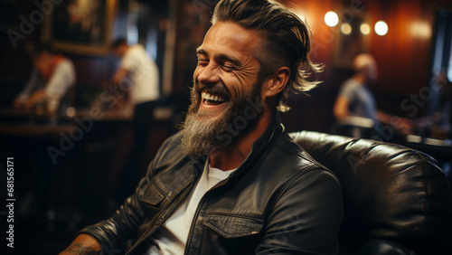 Handsome bearded hipster man sitting in a pub and laughing,Generative AI
