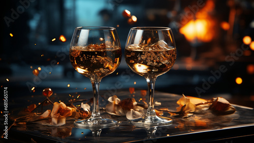 Two glasses of champagne on a wooden table. Bokeh background,Generative AI