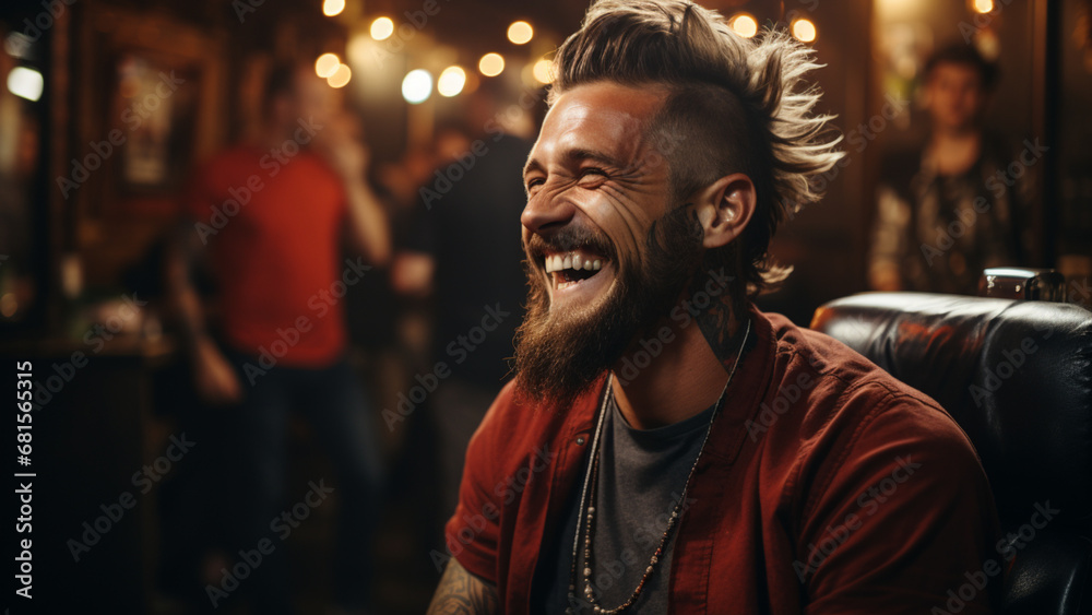 Handsome bearded man sitting in a barber shop and laughing,Generative AI