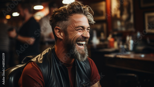 Handsome bearded man sitting in a barber shop and laughing,Generative AI
