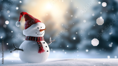 Happy snowman standing in christmas landscape © digitizesc