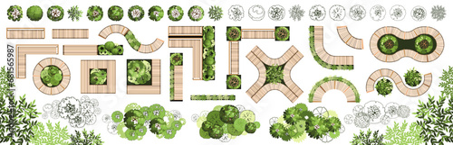 Top view elements for the landscape design plan. Trees and benches for architectural floor plans. Entourage design. Various trees, bushes, and shrubs. Vector illustration.
