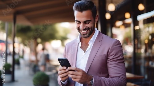 Cheerful young businessman using mobile phone while standing in cafe outdoors