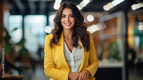 Portrait of a beautiful young business woman in yellow suit smiling
