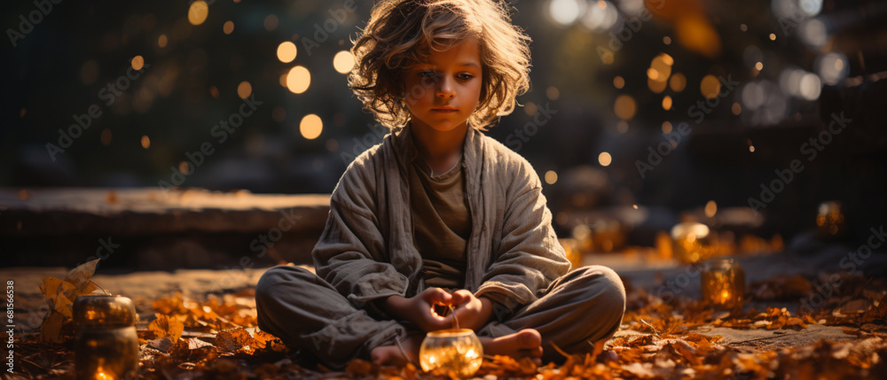 Inneres Erwachen: Kind meditiert für innere Gelassenheit - obrazy, fototapety, plakaty 
