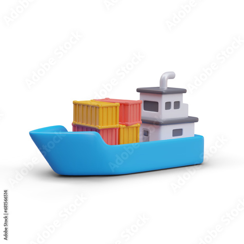 Realistic dry-cargo ship in blue colors. Transportation of heavy cargo by sea. Cargo boat transports large containers. Vector illustration in 3d style on white background