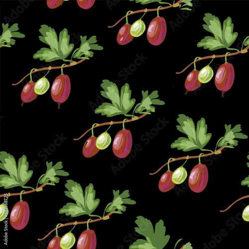 Ripe gooseberries seamless pattern. Summer berry background with berries. vector illustration, hand-drawing