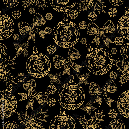 Christmas seamless pattern with golden baubles and bows. Vector illustration.