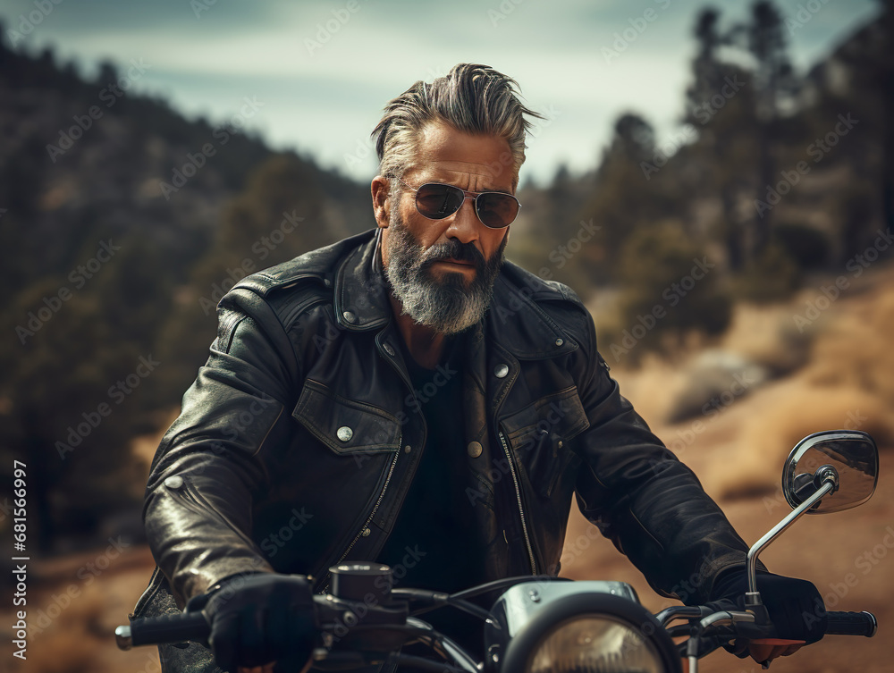 mature middle age male hipster astride motorcycle. Portrait of senior grey haired bearded man rider with chopper motorbike in the countryside, having fun. Middle aged man on motor bike. Generative ai