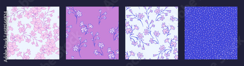 Collage of seamless pattern abstract purple wild floral branches. Vector hand drawn sketch. Blooming purple flowers silhouette, tiny branches, textured shapes, spots, dots print set.