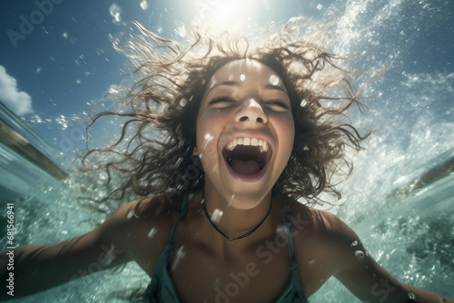 Happy young female jumping into water- vacation, freedom, travel destination concept © Zenturio Designs