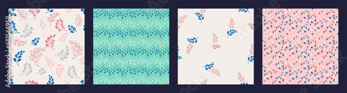 Collage of seamless patterns with creative simple branches tiny leaves, sketch dots, rhombus, textured. Vector hand drawn sketch. Abstract retro pastel, light pink, of print. Design for fashion