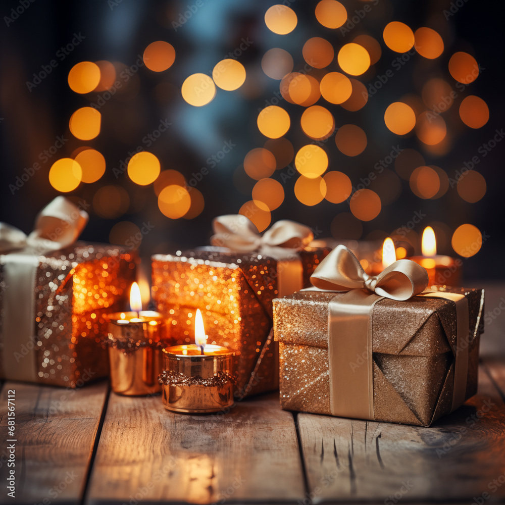 Festive Glow: Glistening Golden Gift Boxes with Satin Ribbons and Candlelight Creating a Warm, Inviting Atmosphere, Perfect for Celebratory Occasions and Holiday Settings