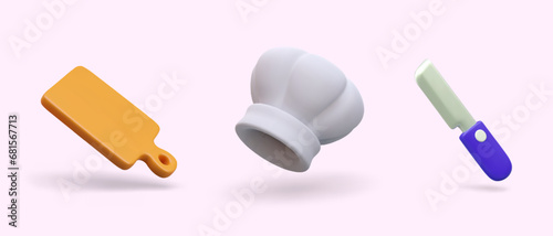 Set of food cutting board, white chef hat and knife with plastic handle. Concept of food cooling and cutting. Vector illustration in 3d style with pink background