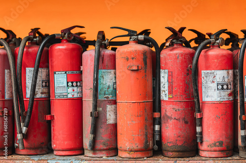 фотографія old used abandoned damaged expired fire extinguisher tank danger unsafety for prepared to destroy and recycle