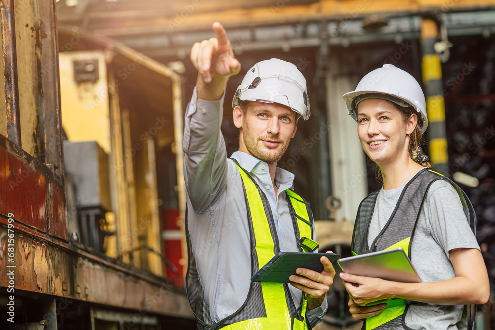 Engineer officer team man and women working together with tablet checking inspect in heavy industry building factory. Engineer officer team man and women working together with tablet checking inspect in heavy industry building factory.