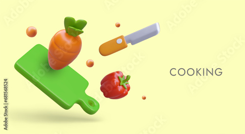 Cooking concept. Vector composition of floating realistic elements. Green cutting board, paprika, carrot, knife. Advertisement of cooking classes, blog, application