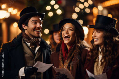 A group of Christmas carolers dressed in Victorian-era winter attire, singing with a lantern-lit snowy street in the background photo