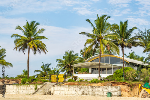coconut trees on ocean coast near tropical shack or open cafe on beach with sunbeds