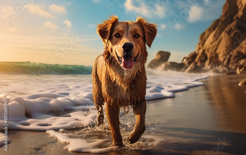 photo of dog on the beach in front of sea photo