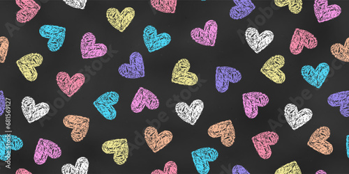 Wallpaper Mural Seamless Pattern of Chalk Drawn Sketches Red, Pink, Violet, Orange, Yellow, White and Blue Hearts on Chalkboard Backdrop. Torontodigital.ca