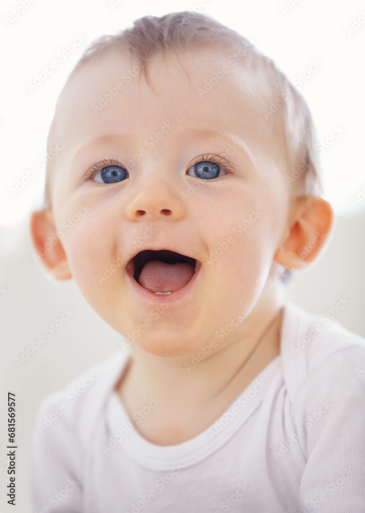 Home, happy and face of baby relax, resting and calm in nursery for sleeping or wake up in morning. Family, youth and closeup of infant newborn in bedroom for child development, growth and wellness Home, happy and face of baby relax, resting and calm in nursery for sleeping or wake up in morning. Family, youth and closeup of infant newborn in bedroom for child development, growth and wellness