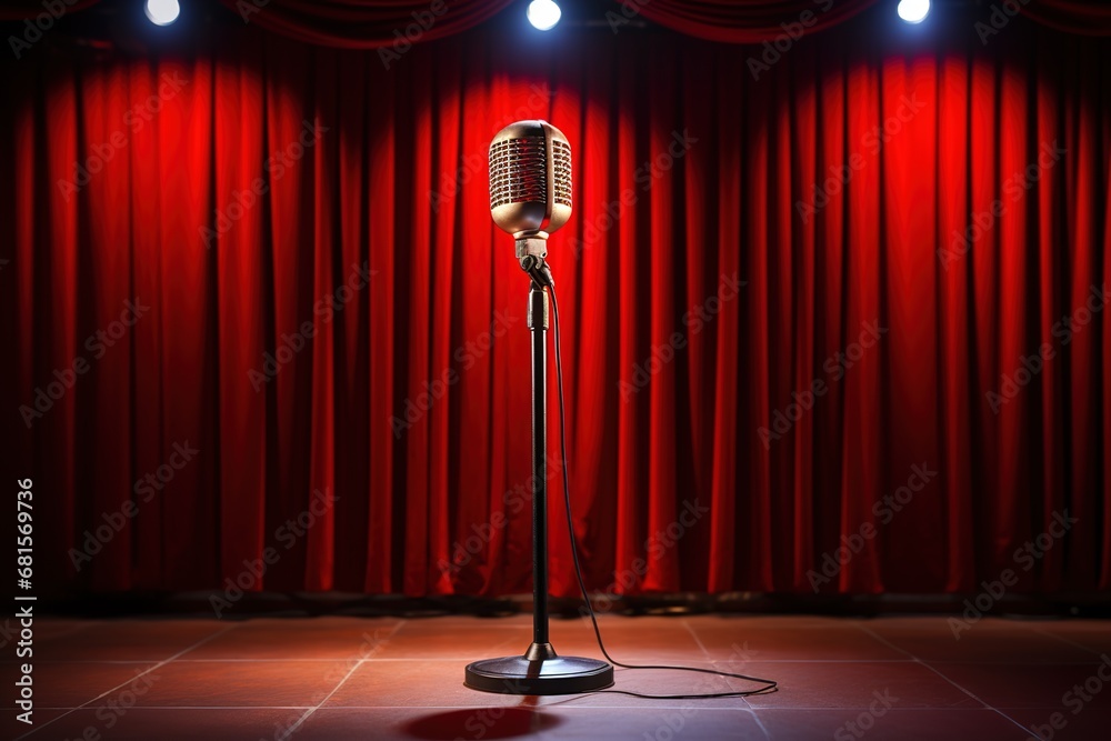 Empty stand up comedy stage with microphone and red curtains - obrazy, fototapety, plakaty 