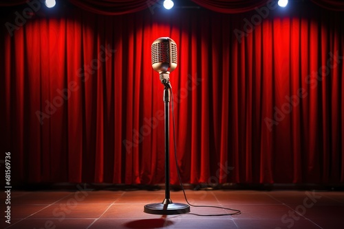 Empty stand up comedy stage with microphone and red curtains photo