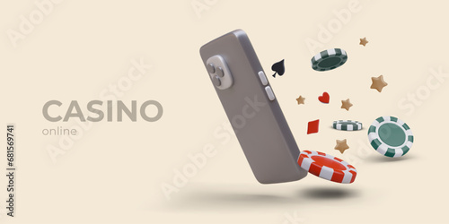 Online casino phone application advertisement. Realistic smartphone, poker chips, suit symbols, golden stars. Gambling games for mobile phones. Modern entertainment