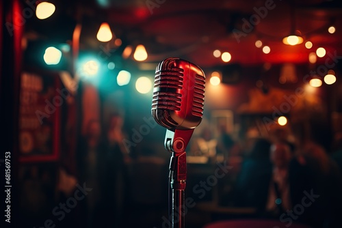 Old style microphone on a stand on a blurred background of club bar lights