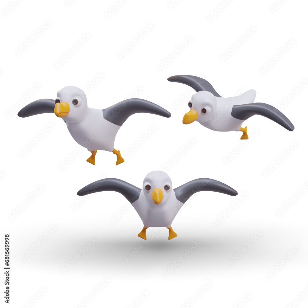 Fototapeta premium Vector realistic seagull in flight. Ocean bird with spread wings. Set of vector objects at different angles. Sea birdwatching. Isolated 3D creatures on white background