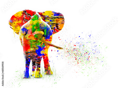 Colorful elephant illustration, with tail spraying coloured paint dots, isolated against a white background.