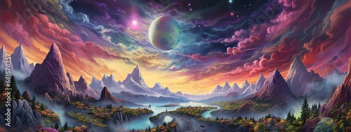 fantastical planet with swirling clouds and colorful