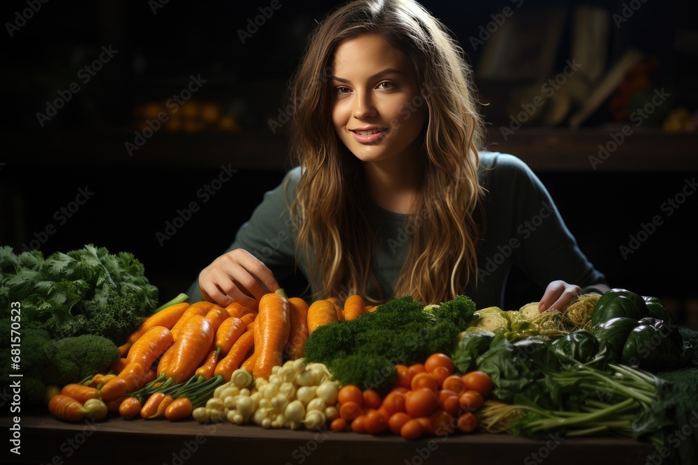 Portrait of a beautiful joyful woman surrounded by fresh juicy vegetables