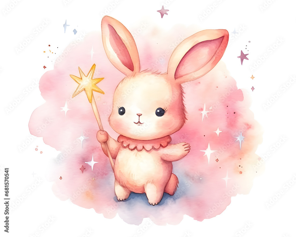 Cute cartoon pink rabbit sitting on soft clouds watercolor illustration ...