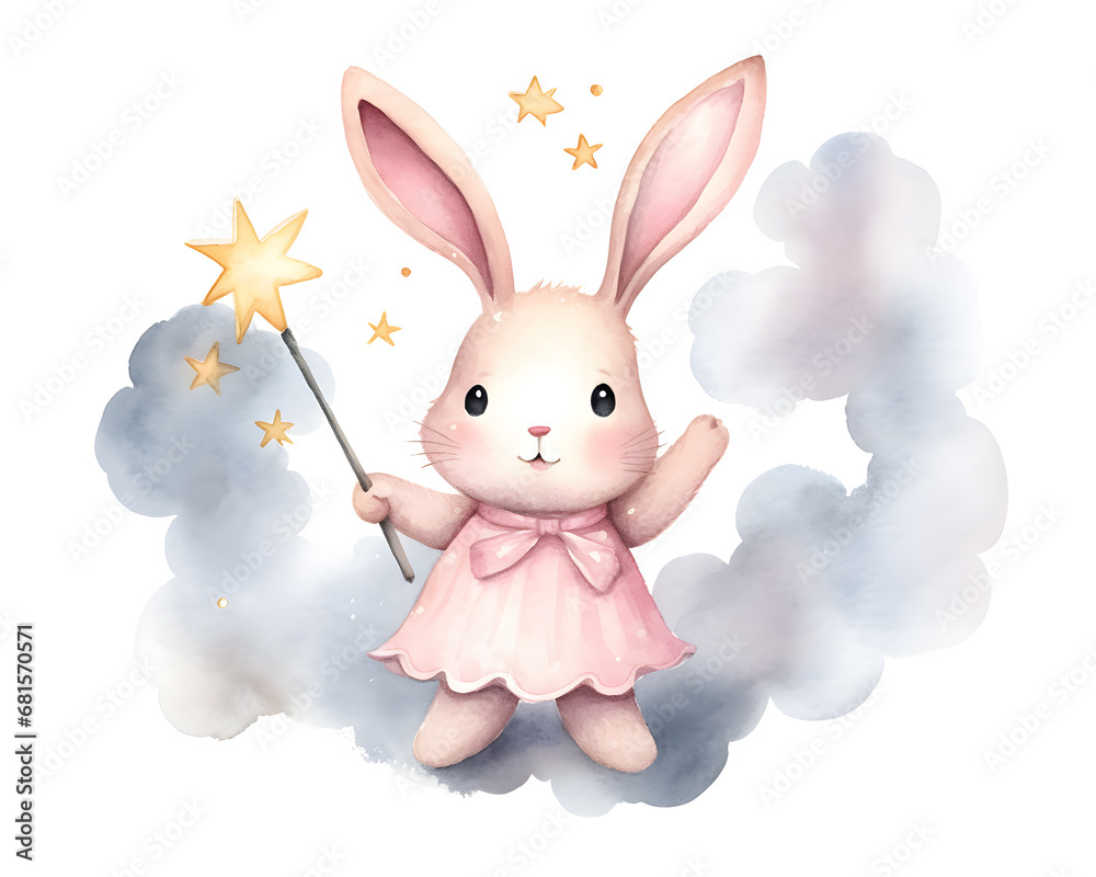 Obraz premium Cute cartoon pink rabbit sitting on soft clouds watercolor illustration isolated on white background