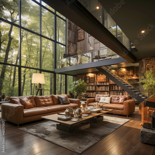 Architectural Harmony: Luxurious Living Room with Floor-to-Ceiling Windows Overlooking a Forest, Featuring Rich Leather Sofas and a Mezzanine Library, Blending Modern Design with Natural Beauty