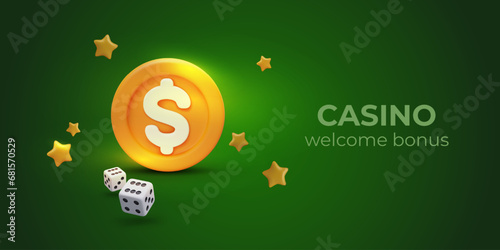 Risk and gamble, playing casino online. Web poster with green background, realistic gold coin, and game cubes. Vector illustration in 3D style with place for text