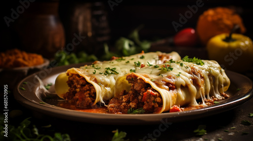 delicious Italian cannelloni pasta with bolognese.   modern food photography in rustic style . in detail photo
